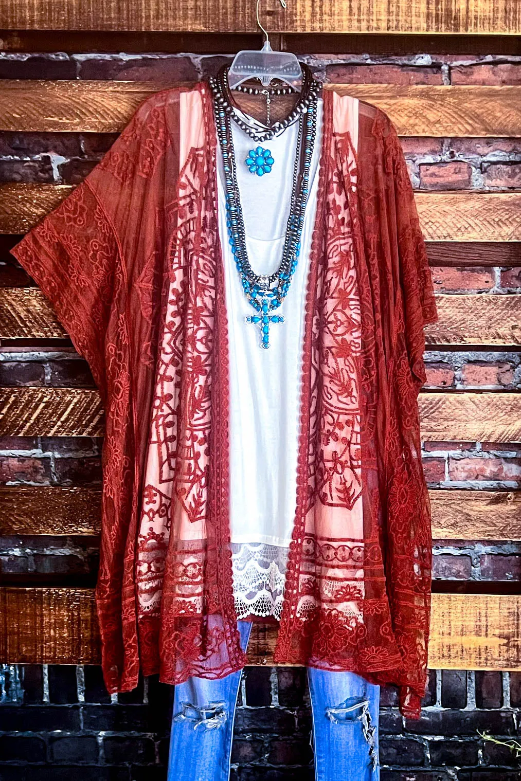 A FABULOUS HEART LACE BURNT RUST DUSTER CARDIGAN