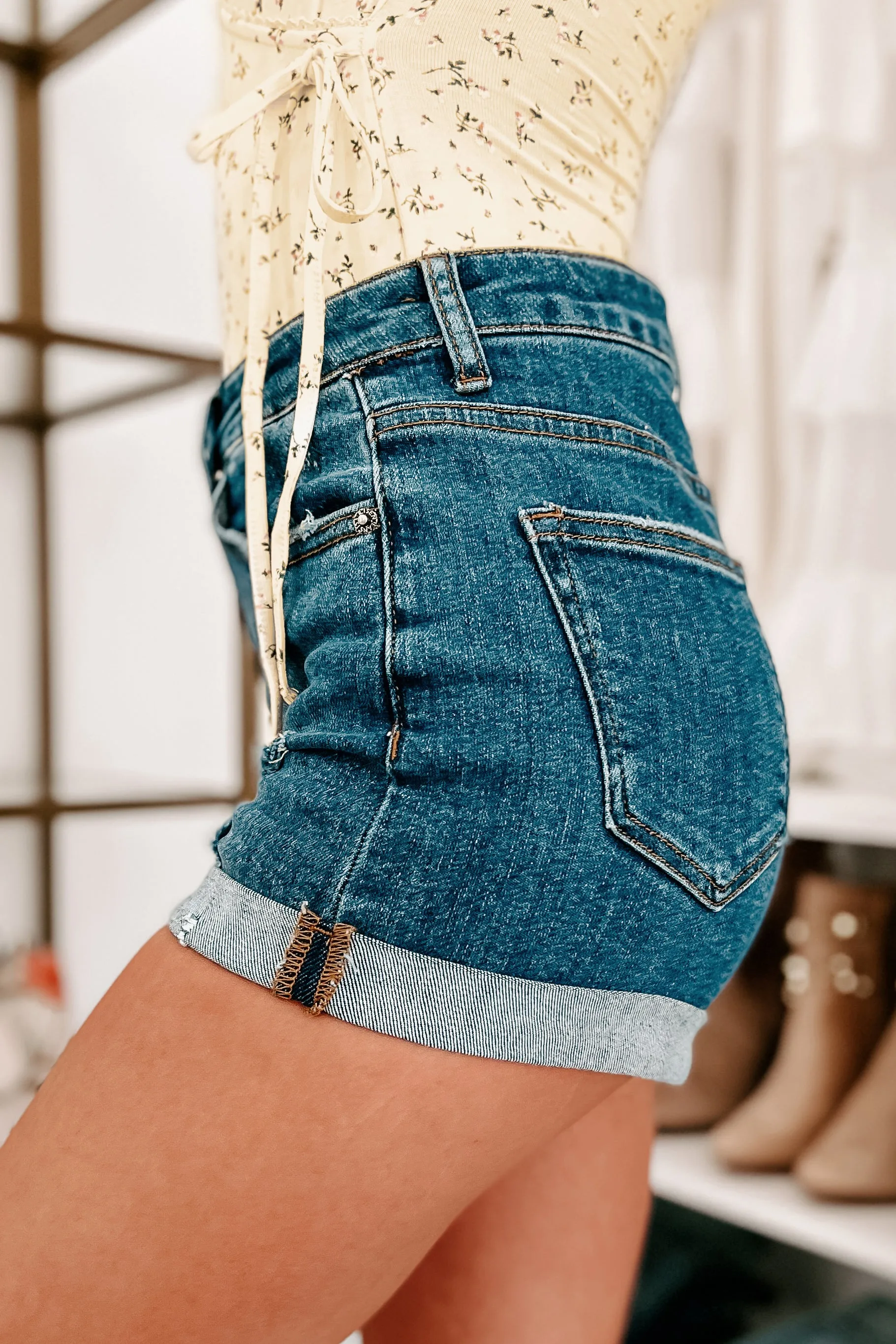 Around Town High Rise Button-Fly Rolled Hem Shorts (Dark)