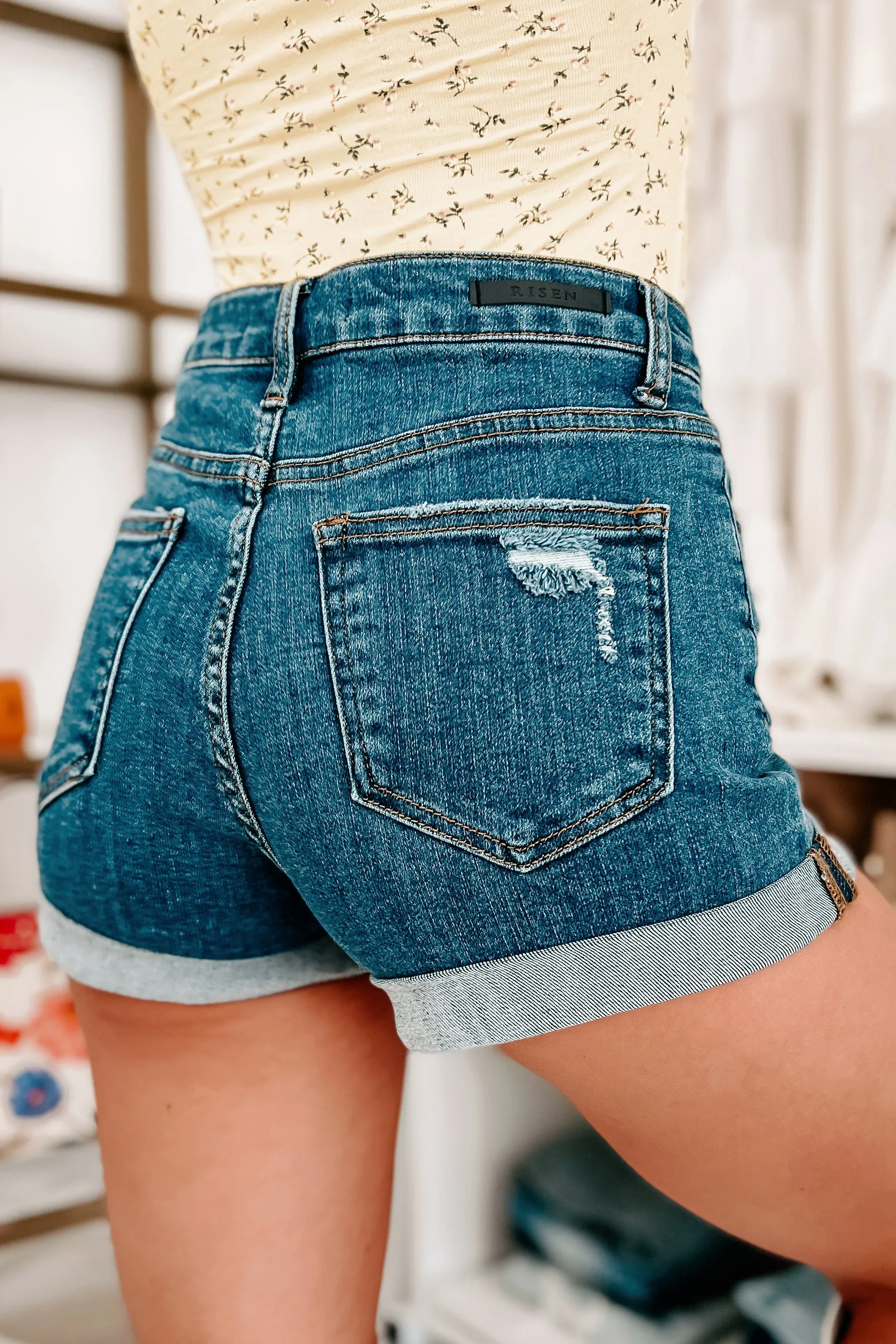 Around Town High Rise Button-Fly Rolled Hem Shorts (Dark)