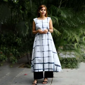 Black & White Cotton Summer Midi Dress In Chequered Pattern