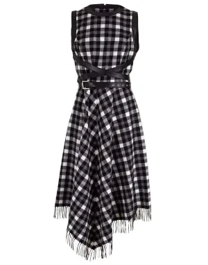 Black and White Asymmetric Fringe Belted Dress