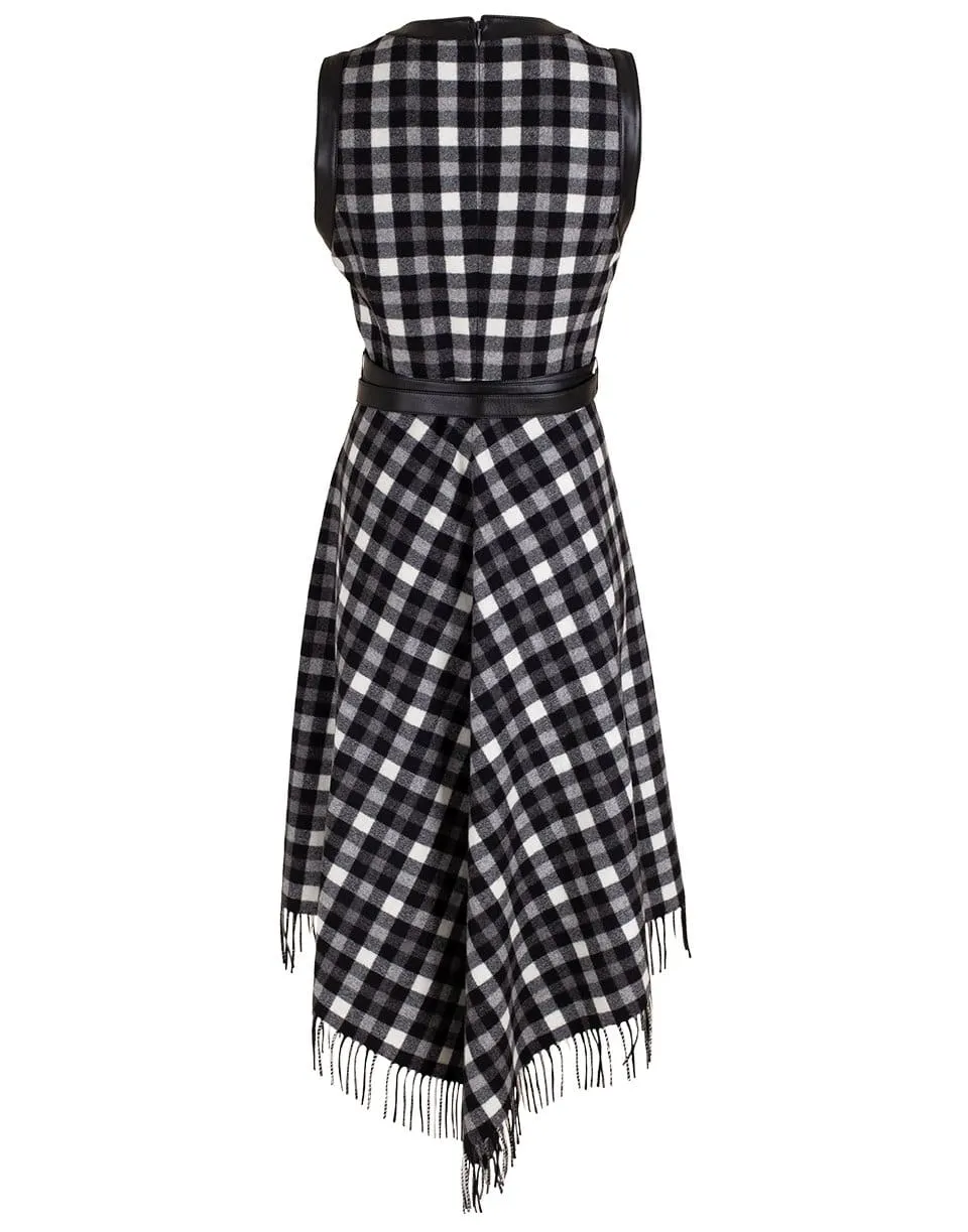 Black and White Asymmetric Fringe Belted Dress