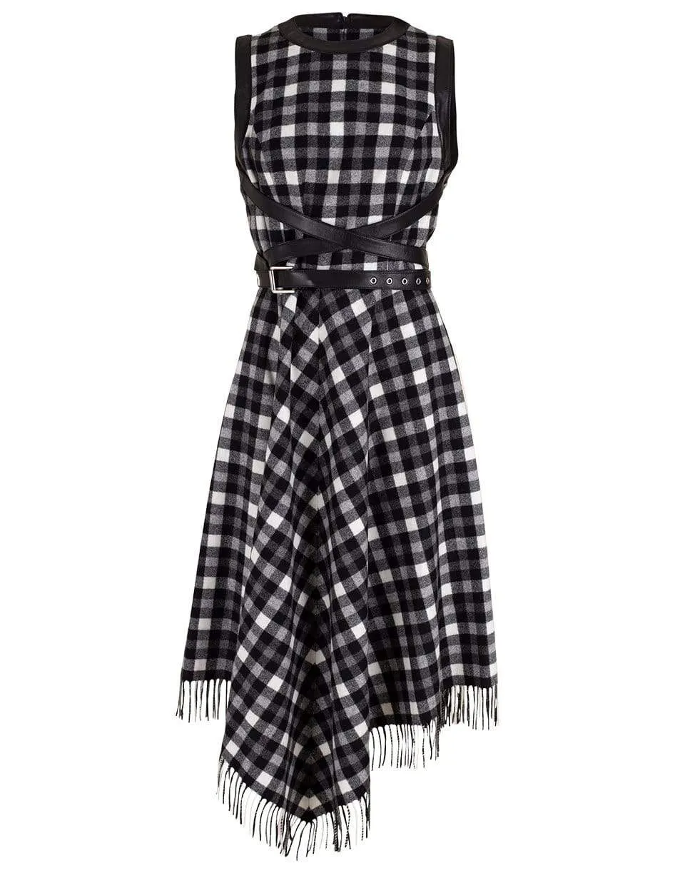 Black and White Asymmetric Fringe Belted Dress