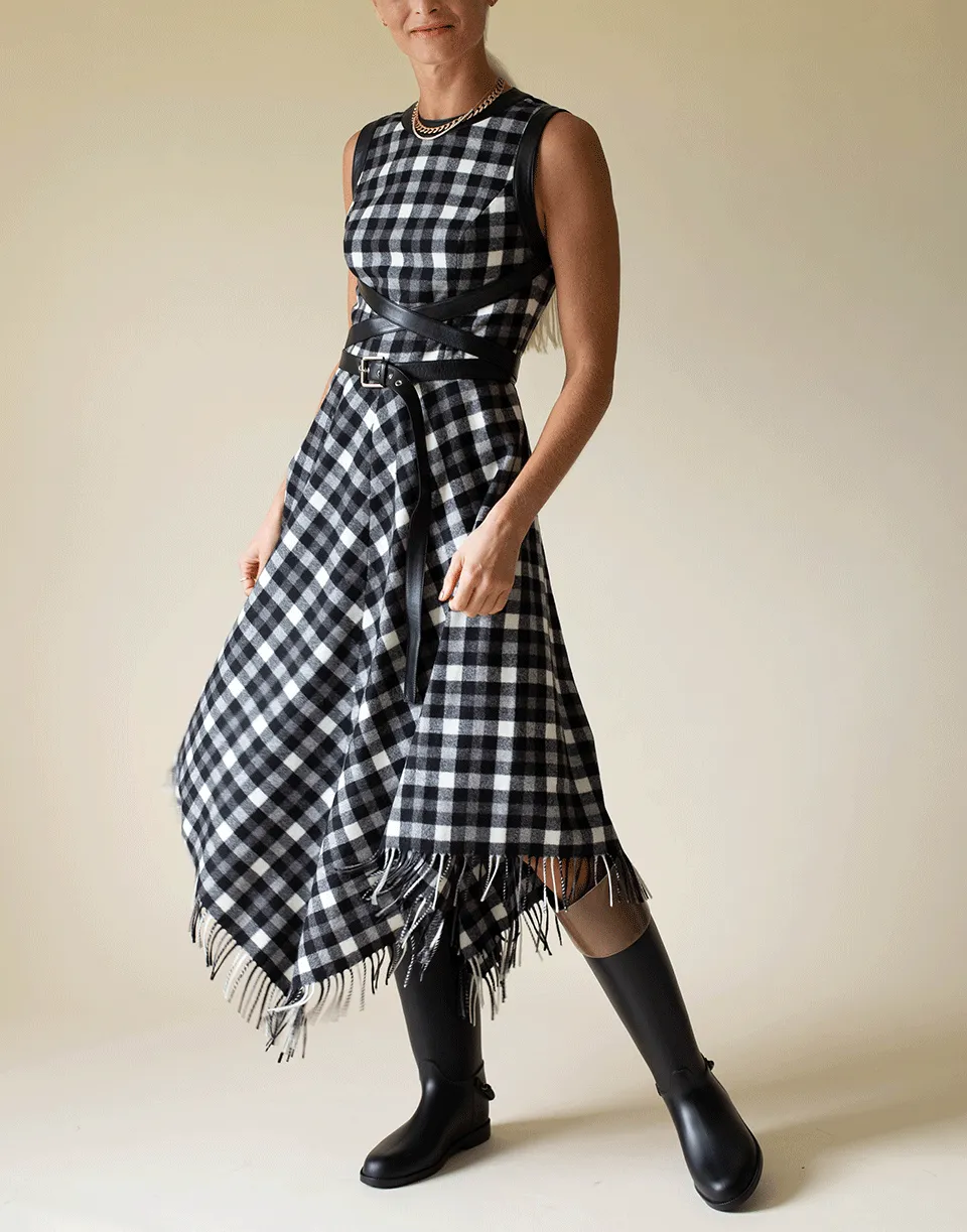 Black and White Asymmetric Fringe Belted Dress