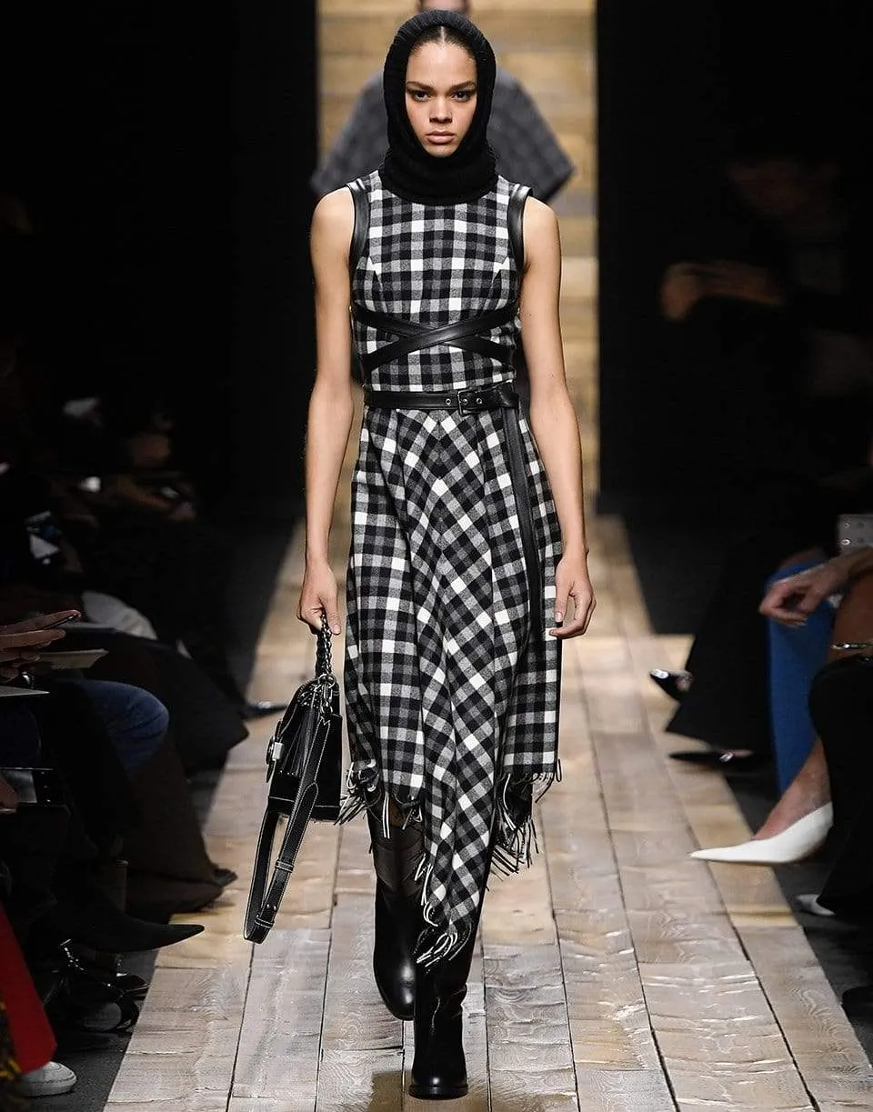 Black and White Asymmetric Fringe Belted Dress