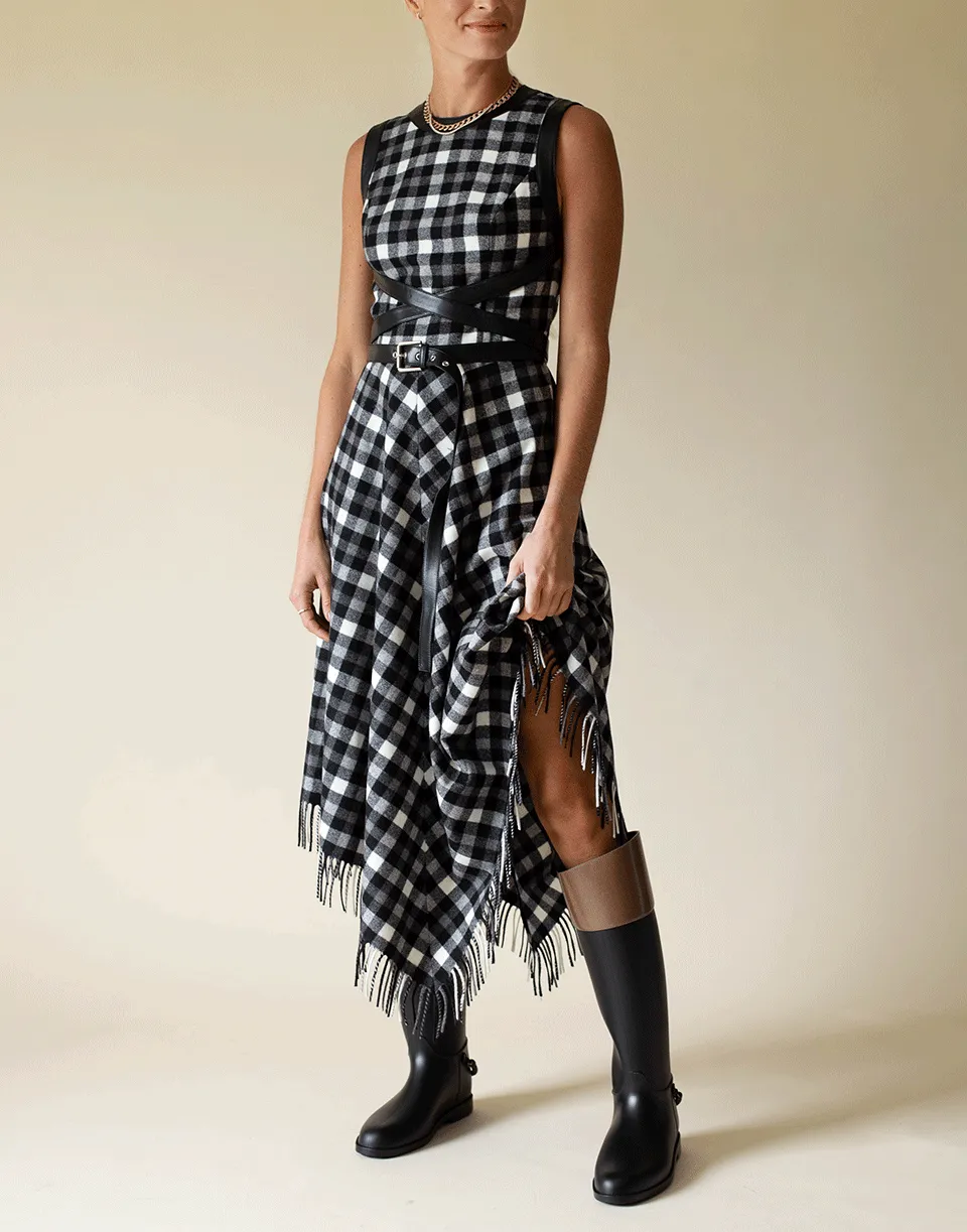 Black and White Asymmetric Fringe Belted Dress