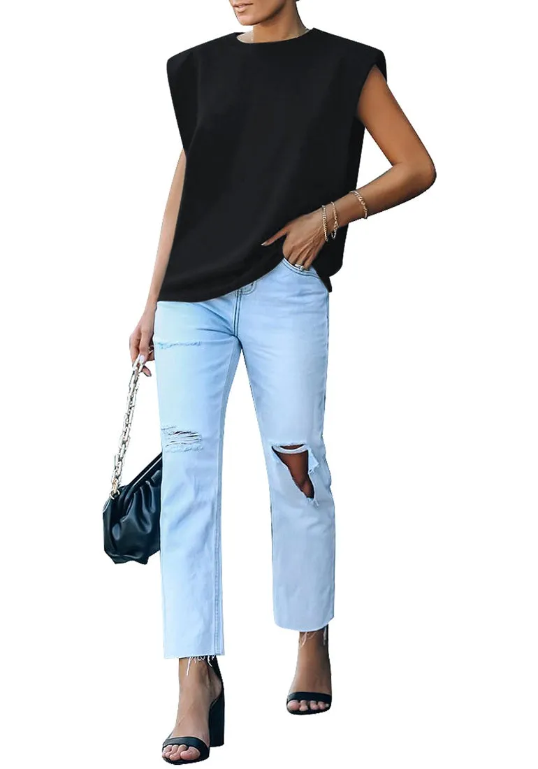 Black Casual Sleeveless Padded Shoulder Muscle T-shirt