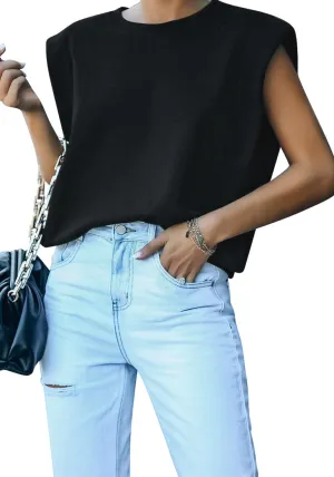 Black Casual Sleeveless Padded Shoulder Muscle T-shirt