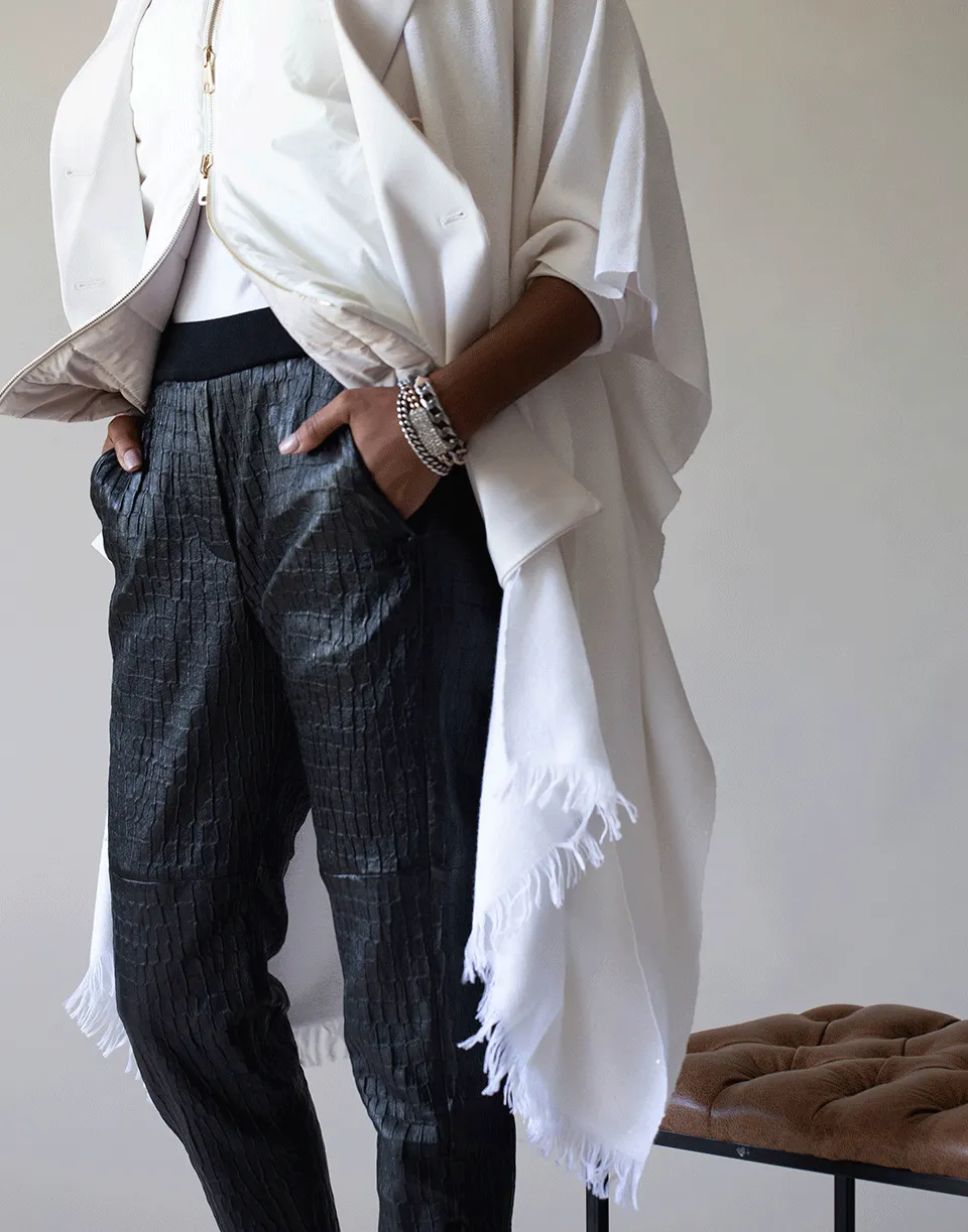 Black Cotton Waistband Embossed Leather Joggers