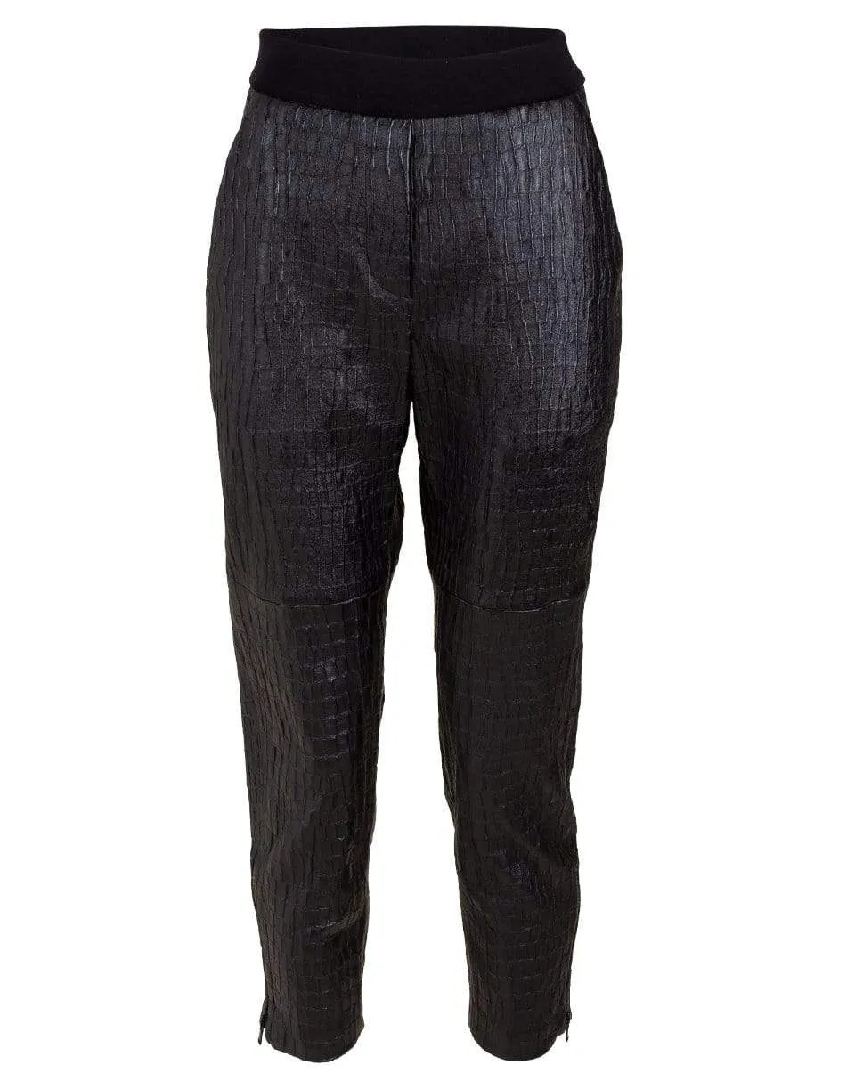 Black Cotton Waistband Embossed Leather Joggers