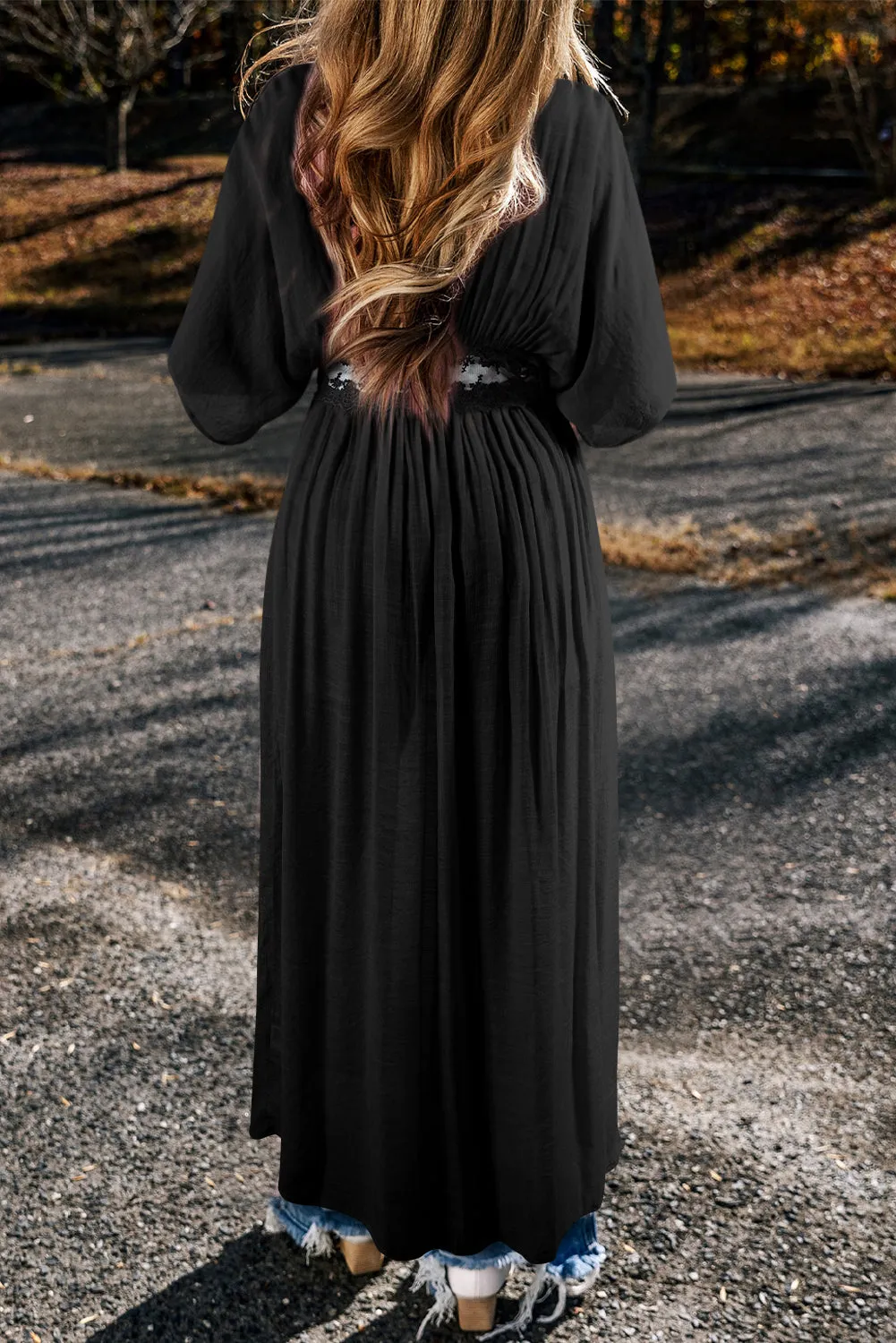 Black Lace Splicing Open Front Maxi Kimono