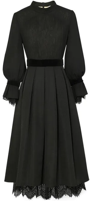 Black Lace-Trim Midi Dress