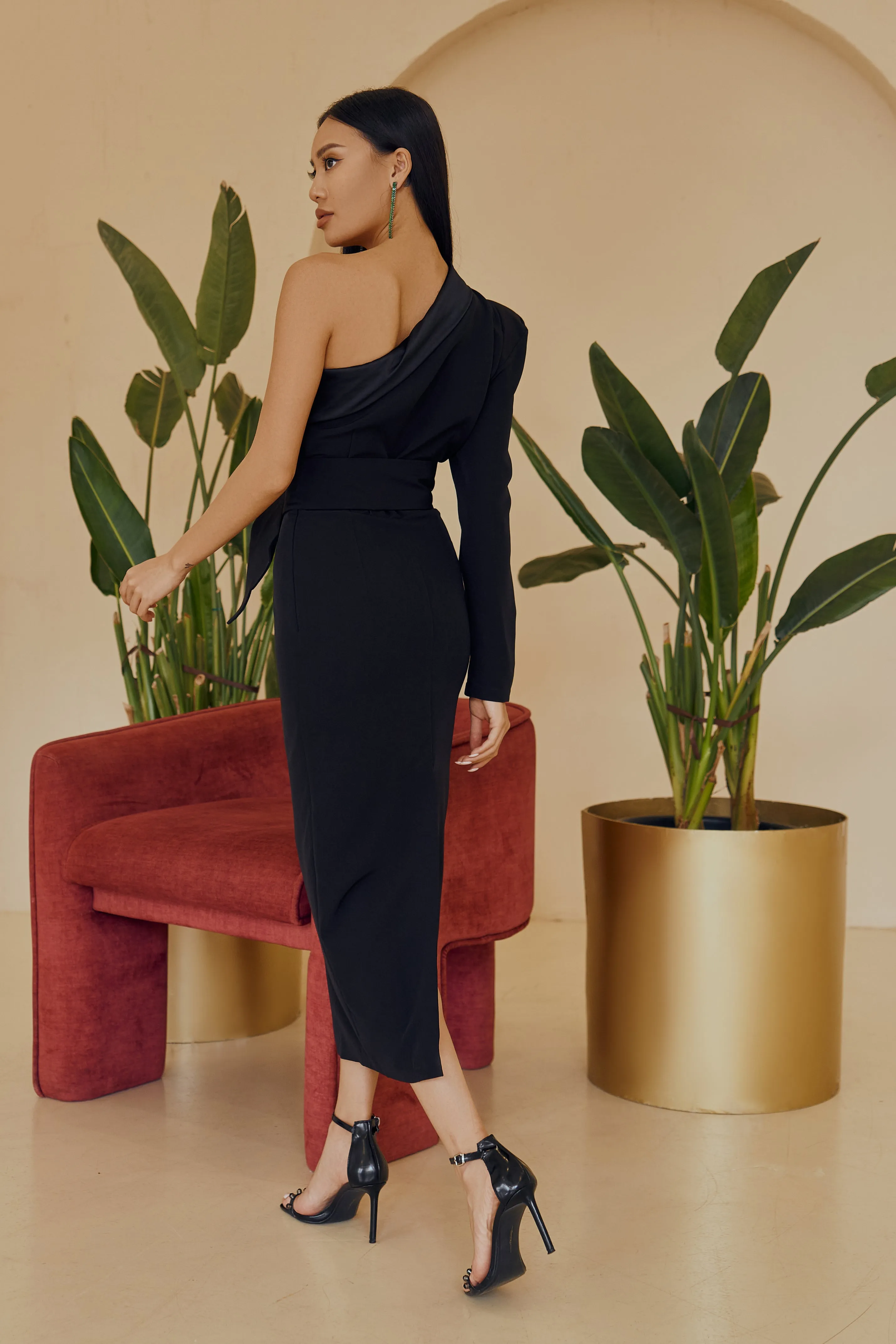 Black One-Shoulder Belted Midi Dress