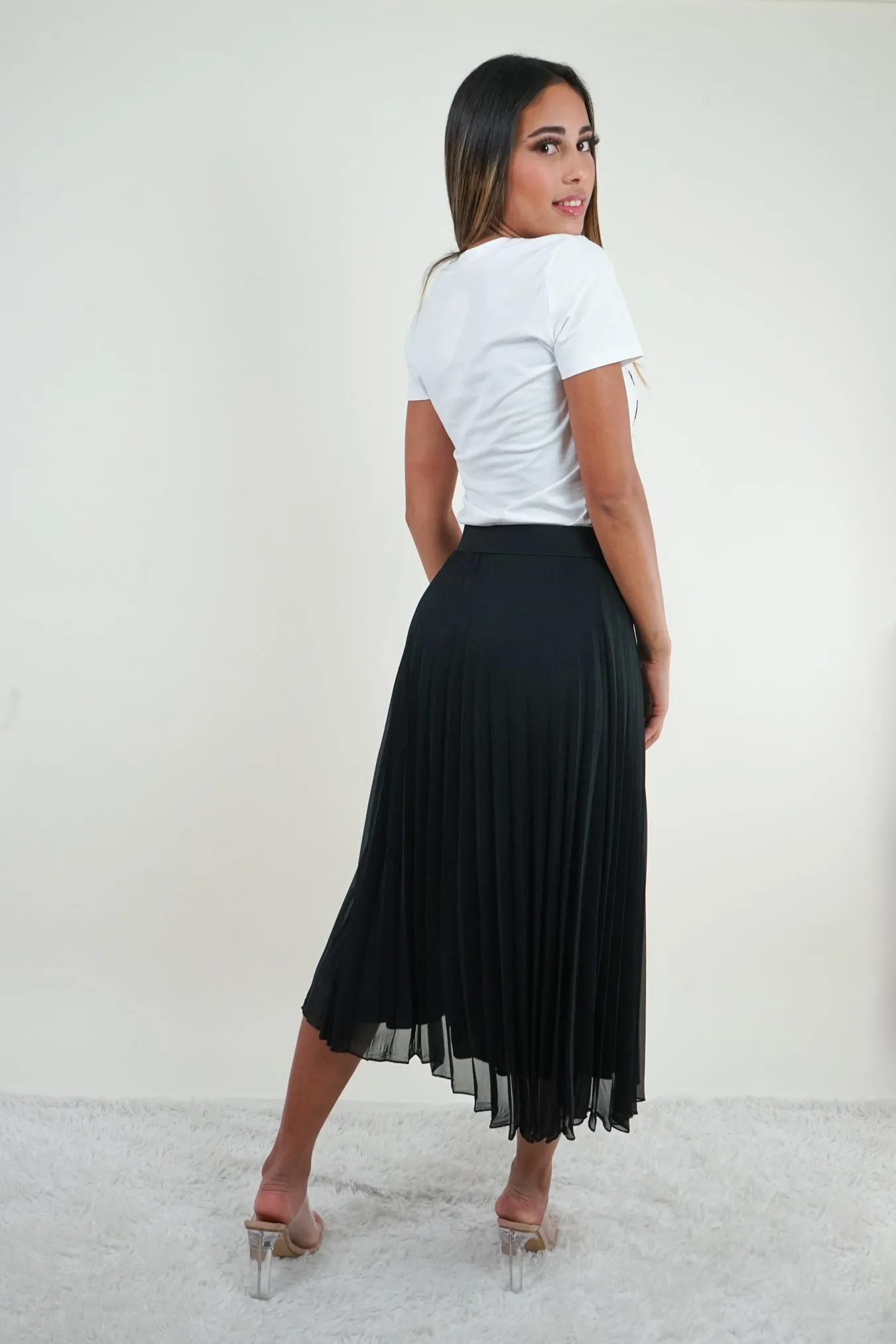 Black Pleated Midi Skirt.