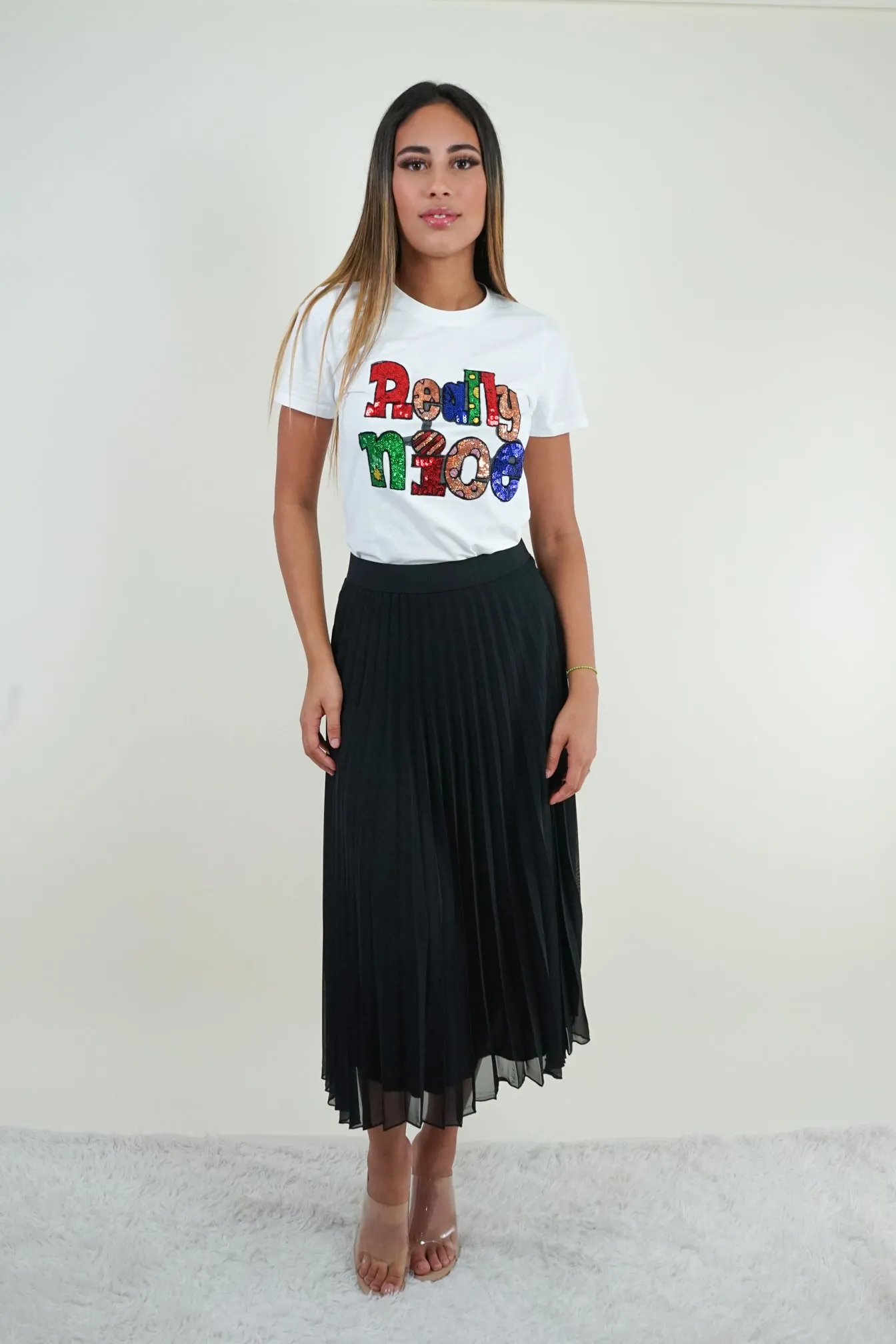 Black Pleated Midi Skirt.