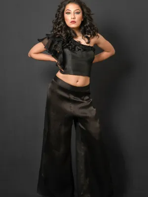 BLACK WIDE LEG FLAP PANTS