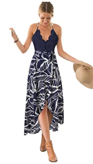 Blooming Jelly Halter Neck Deep V Asymmetrical Floral Dress