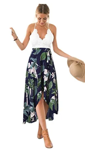 Blooming Jelly Halter Neck Deep V Asymmetrical Floral Dress