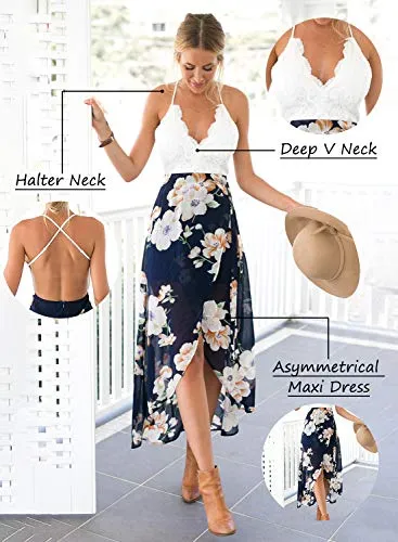 Blooming Jelly Halter Neck Deep V Asymmetrical Floral Dress