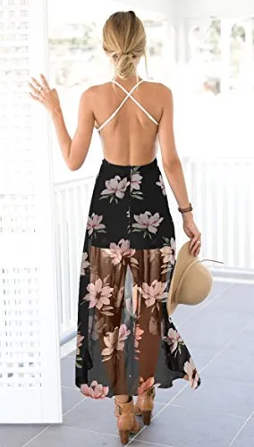 Blooming Jelly Halter Neck Deep V Asymmetrical Floral Dress
