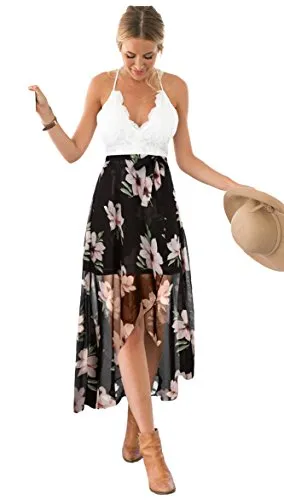 Blooming Jelly Halter Neck Deep V Asymmetrical Floral Dress