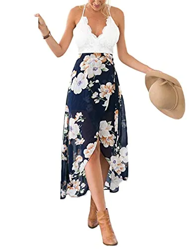 Blooming Jelly Halter Neck Deep V Asymmetrical Floral Dress