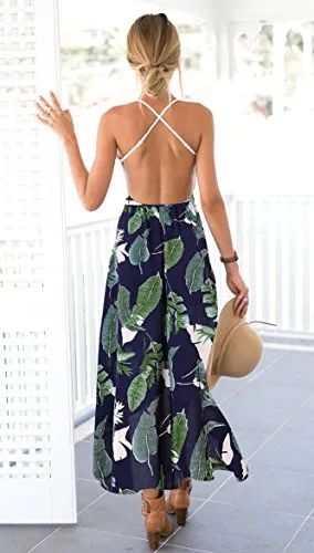 Blooming Jelly Halter Neck Deep V Asymmetrical Floral Dress