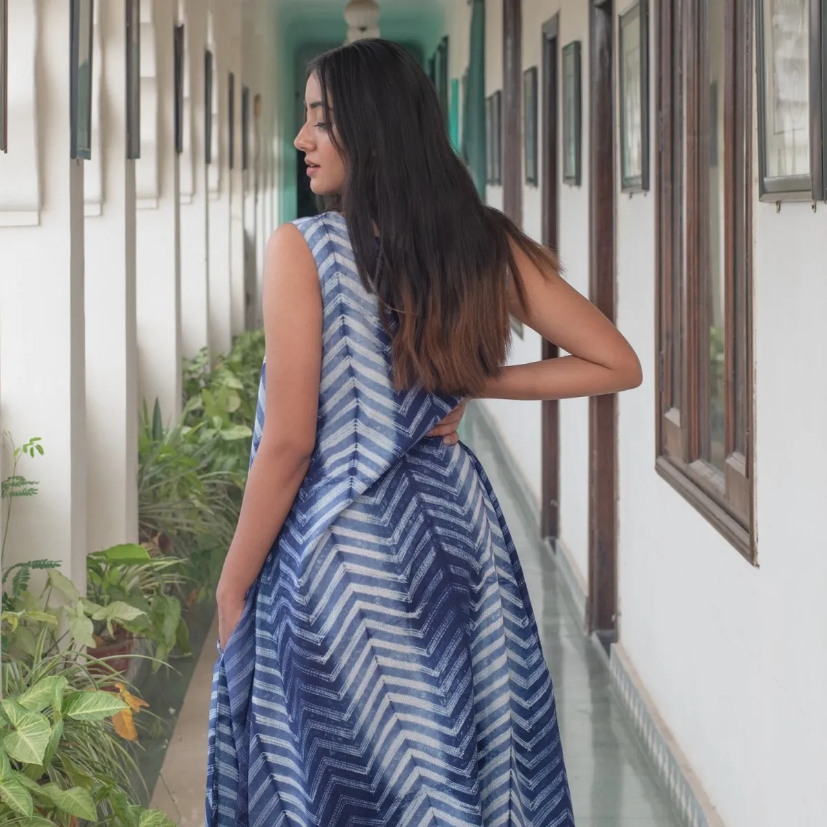 Blue Tie Dye Cotton A Line Dress