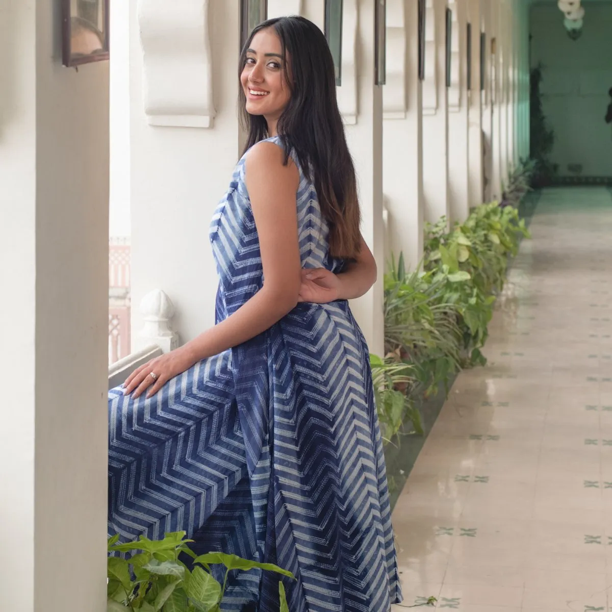 Blue Tie Dye Cotton A Line Dress
