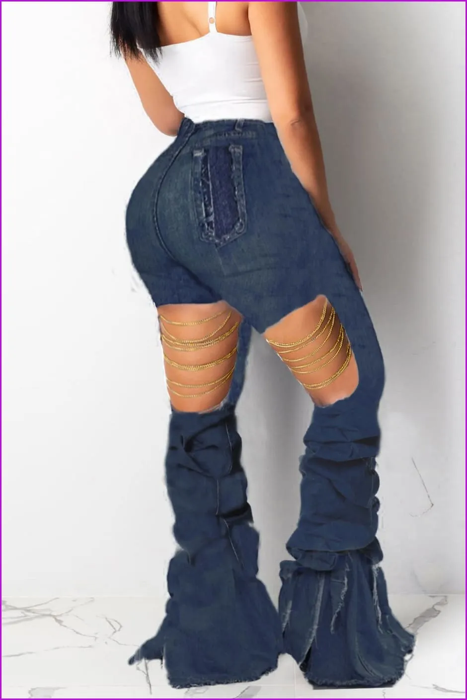 Chain Decorated Holes Pleated Women Flare JeansDE939
