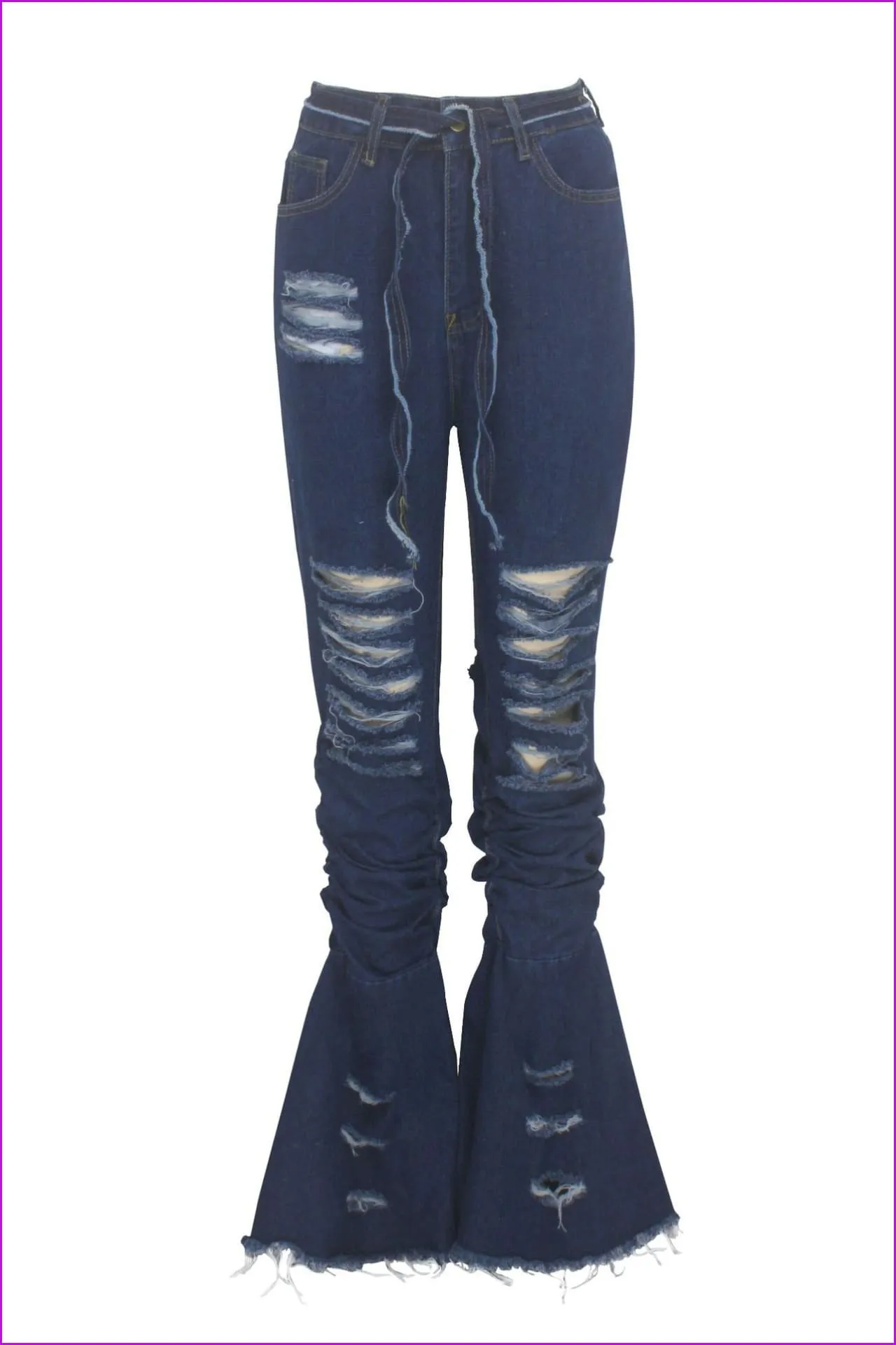 Chain Decorated Holes Pleated Women Flare JeansDE939