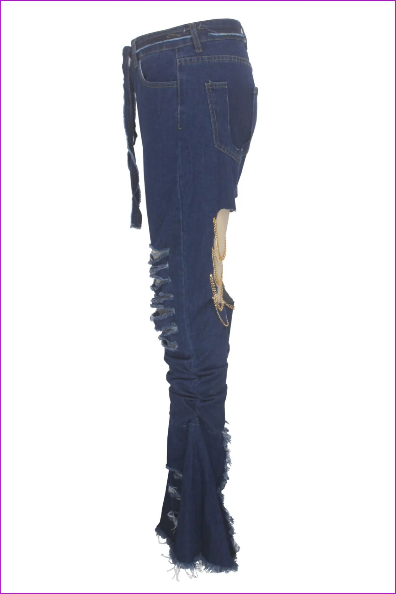 Chain Decorated Holes Pleated Women Flare JeansDE939
