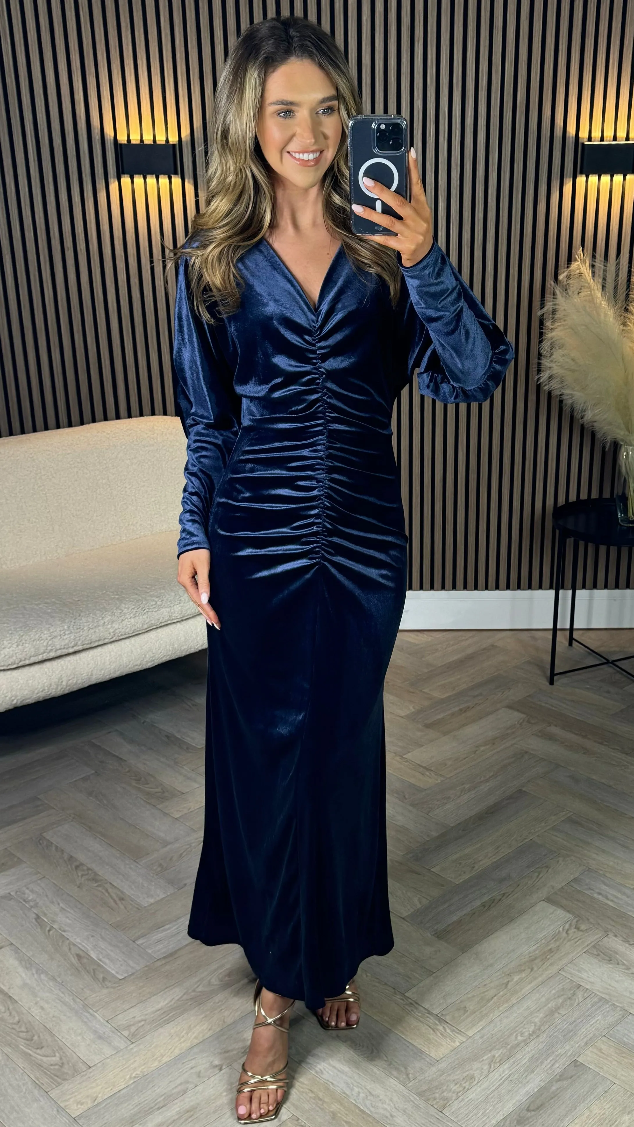 Colleen Navy Velvet Finish Ruched Midi Dress