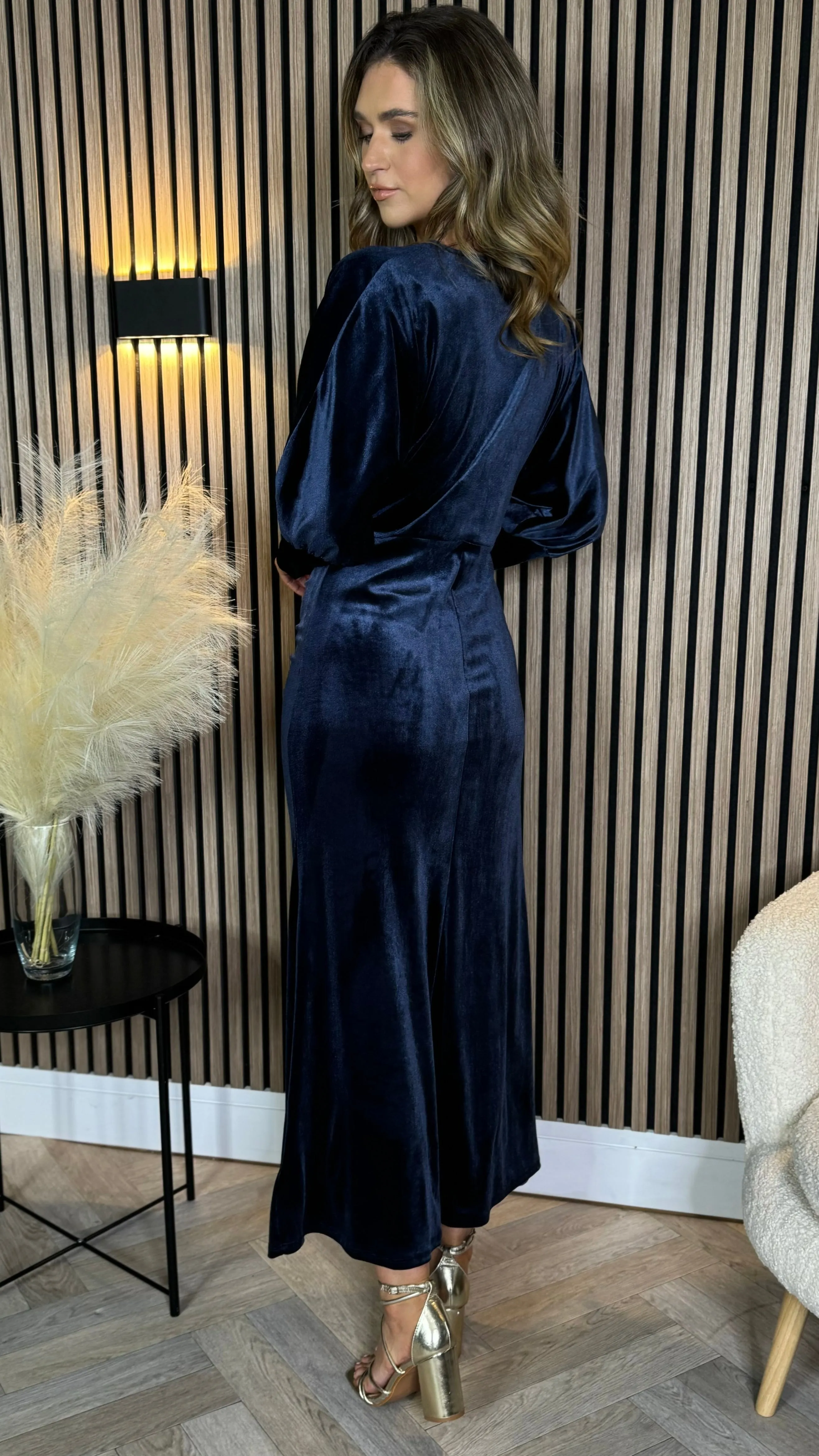 Colleen Navy Velvet Finish Ruched Midi Dress