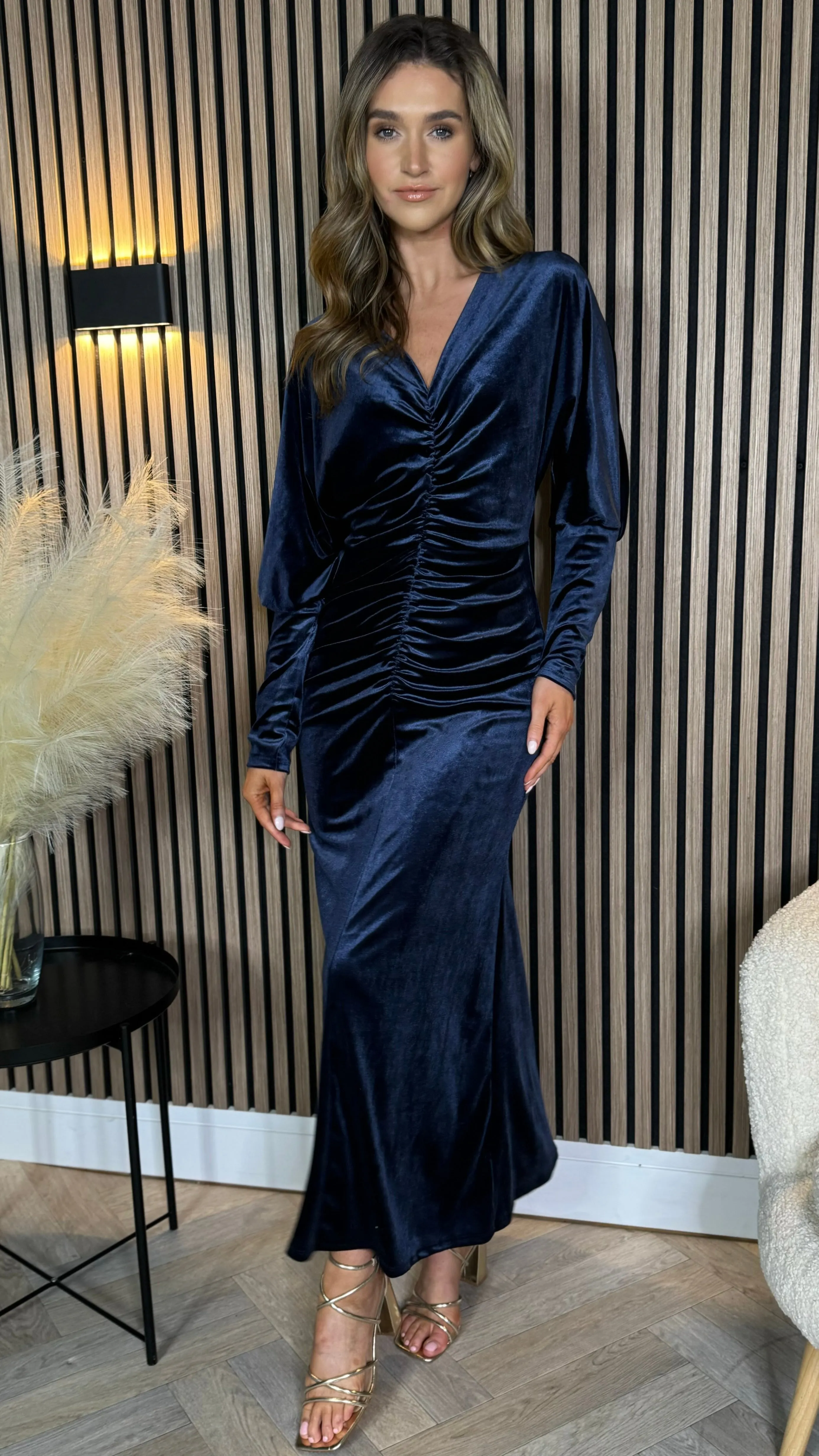 Colleen Navy Velvet Finish Ruched Midi Dress