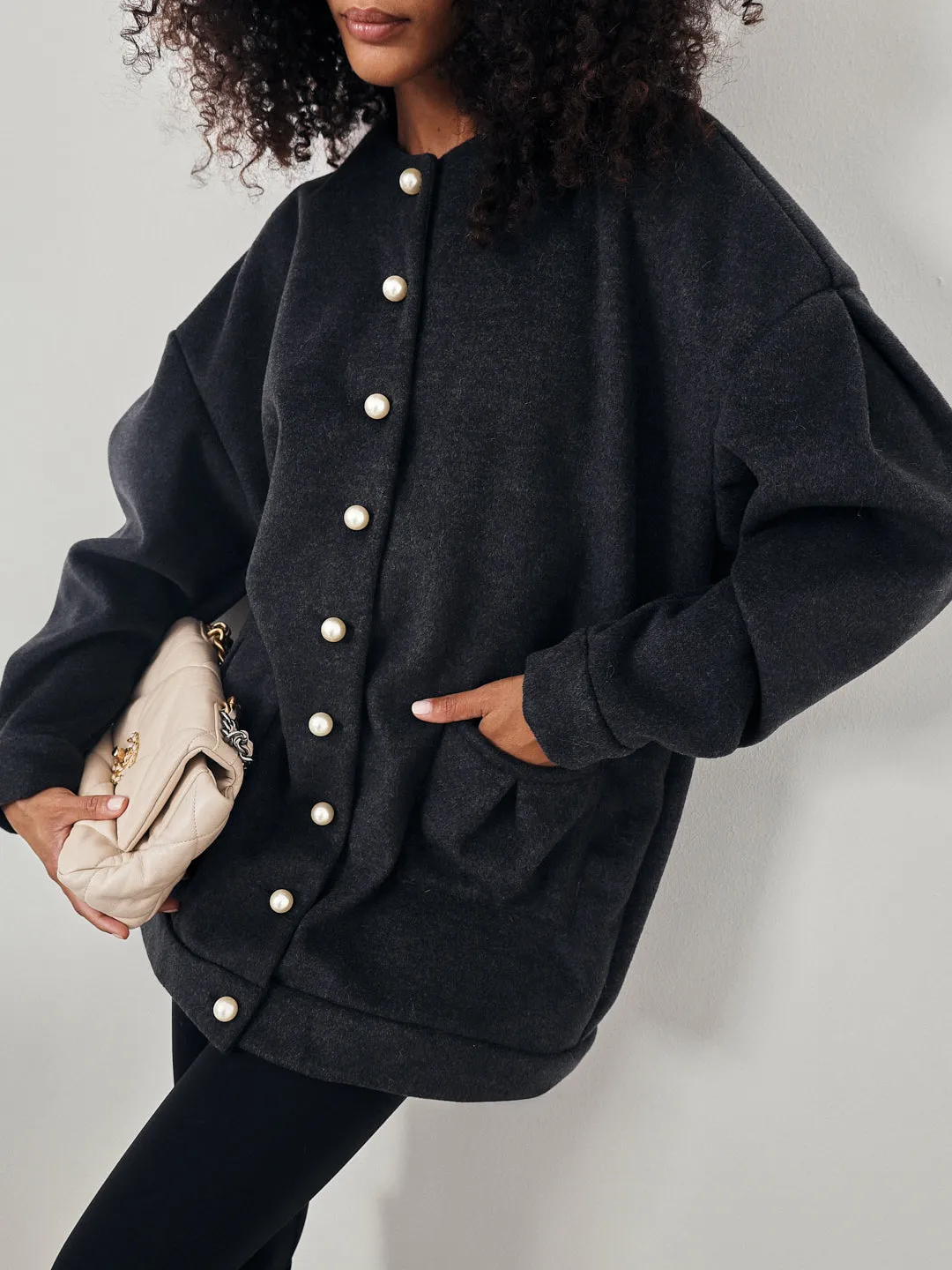 Corrine Pearl Button Cardigan Coat | Charcoal