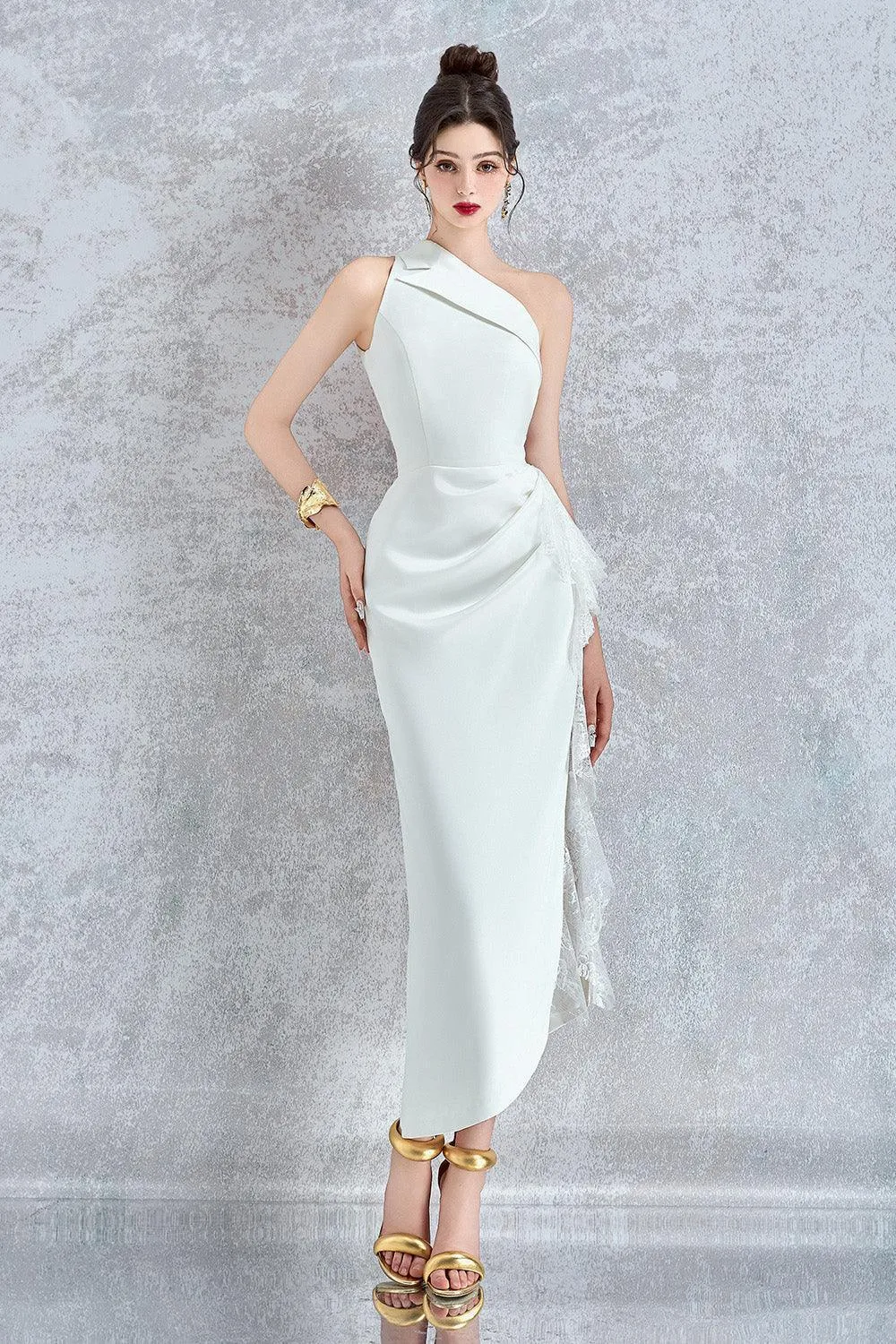 Elysia Asymmetric One Shoulder Organdy Midi Dress