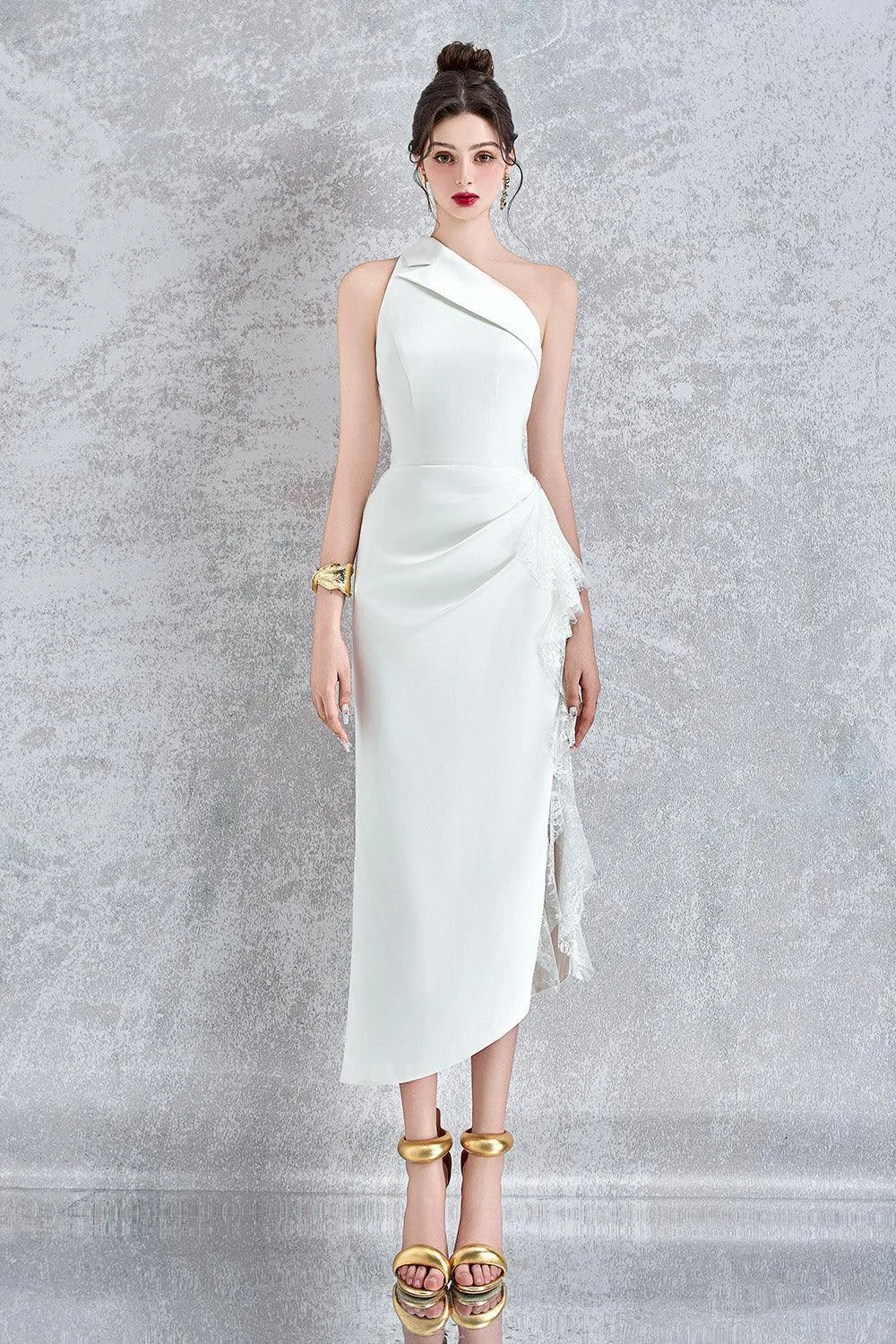 Elysia Asymmetric One Shoulder Organdy Midi Dress