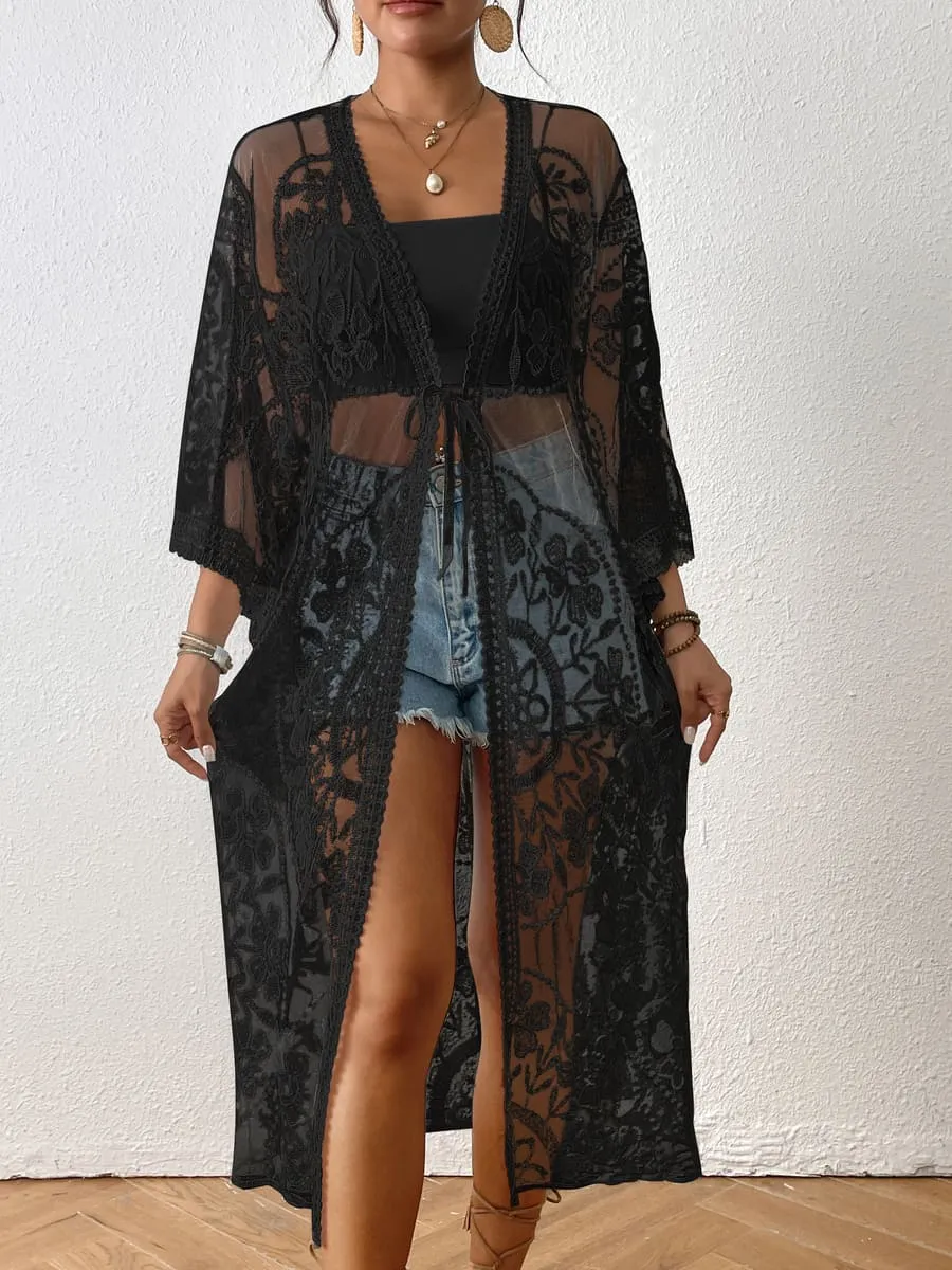 Embroidery Long Sleeve Lace Kimono Duster
