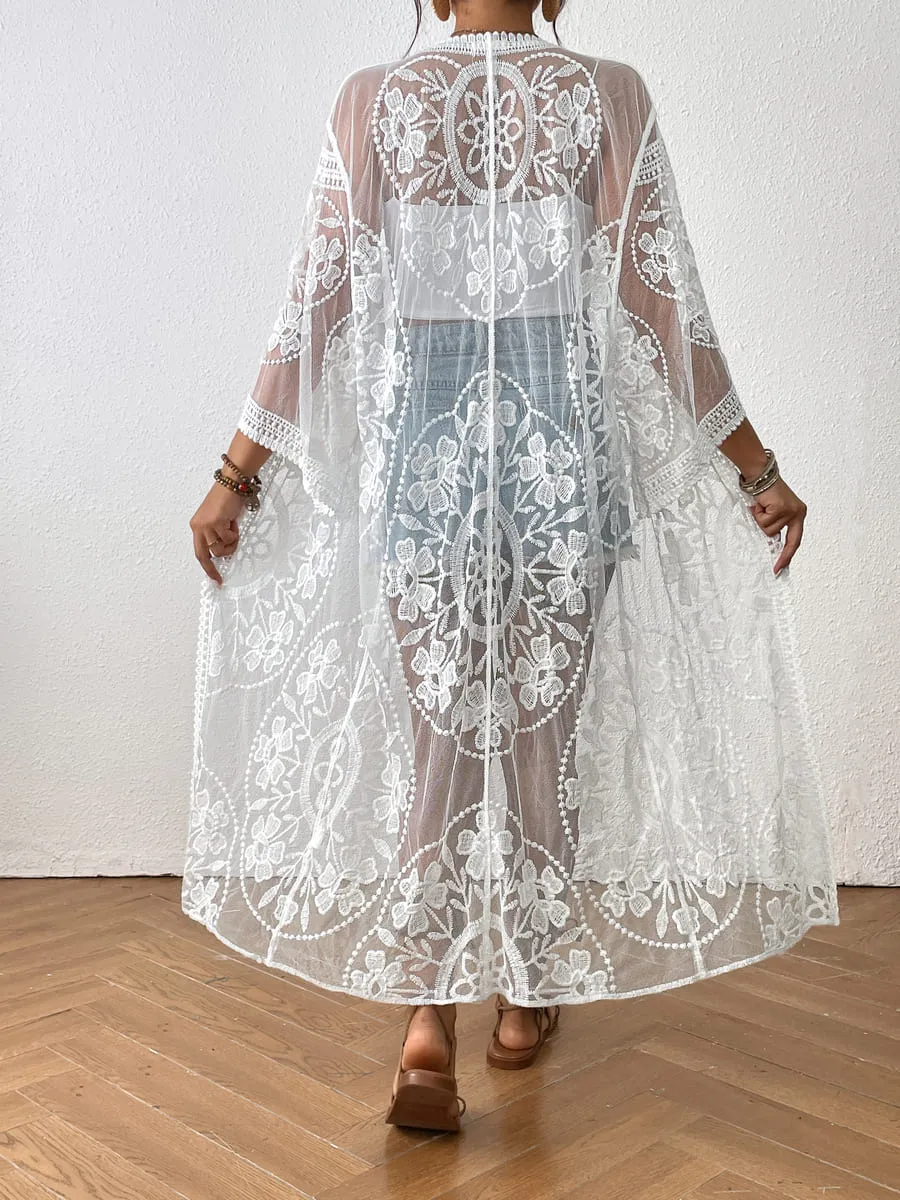 Embroidery Long Sleeve Lace Kimono Duster