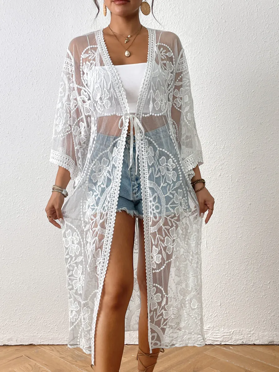 Embroidery Long Sleeve Lace Kimono Duster