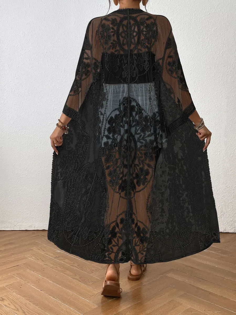 Embroidery Long Sleeve Lace Kimono Duster