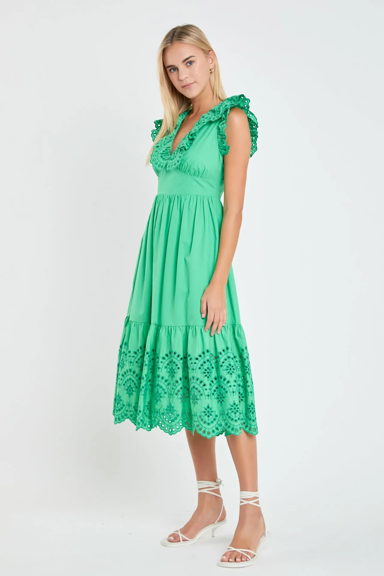 Eyelet Scallop Detail Midi Dress