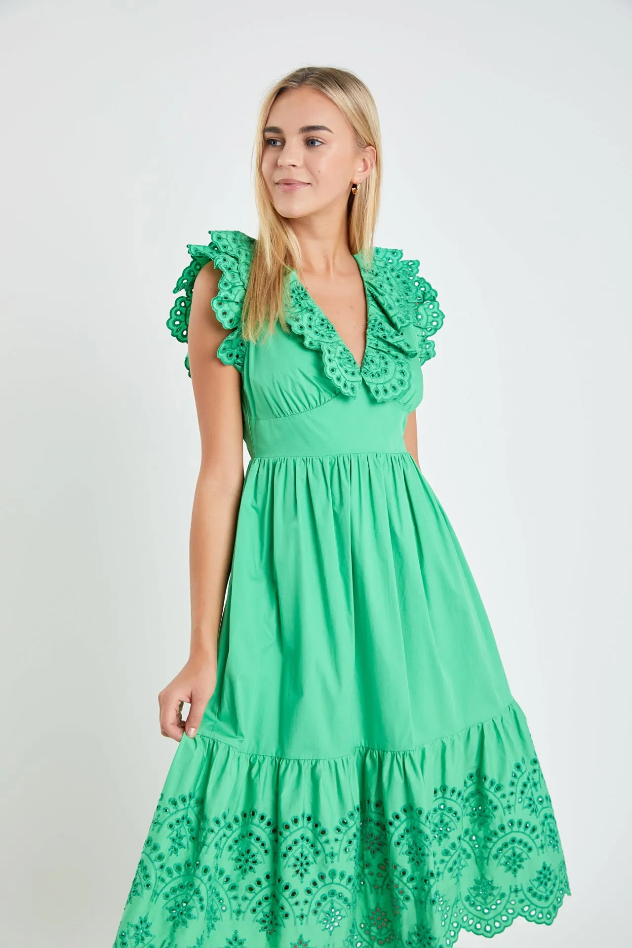 Eyelet Scallop Detail Midi Dress