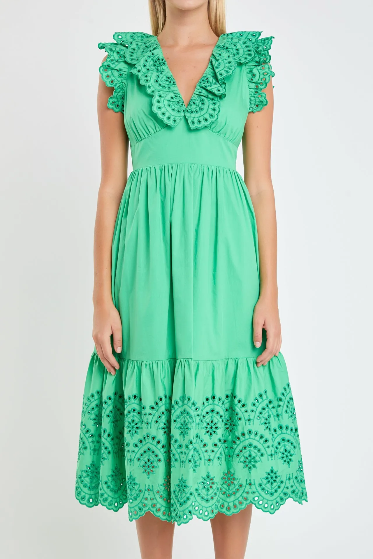 Eyelet Scallop Detail Midi Dress