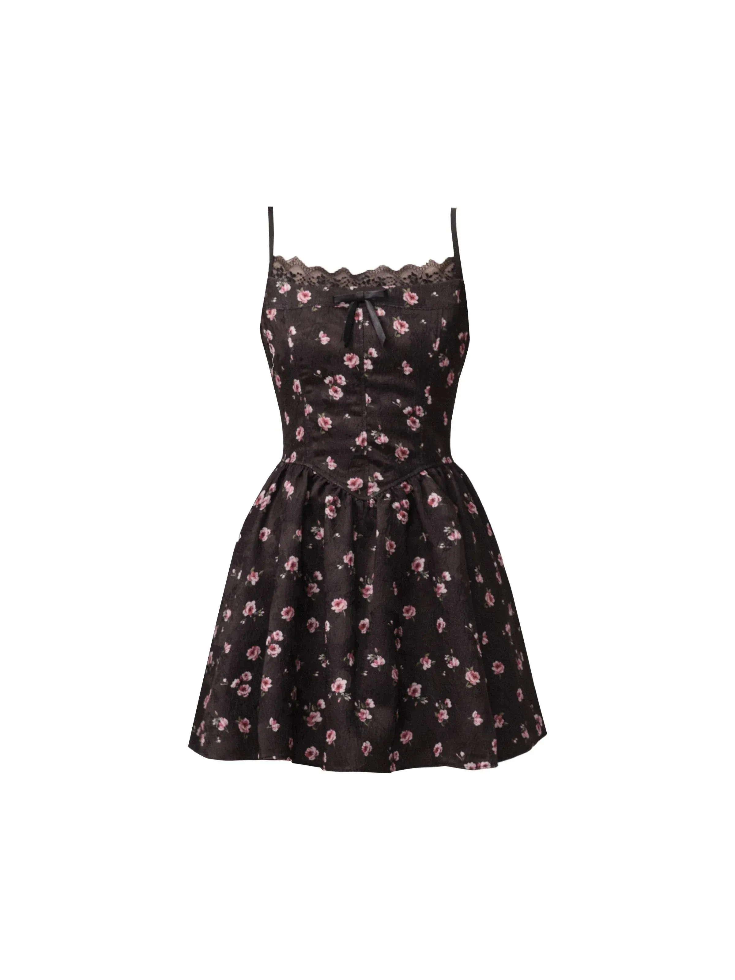 Floral Lace-Trim Spaghetti Strap Mini Dress in Black