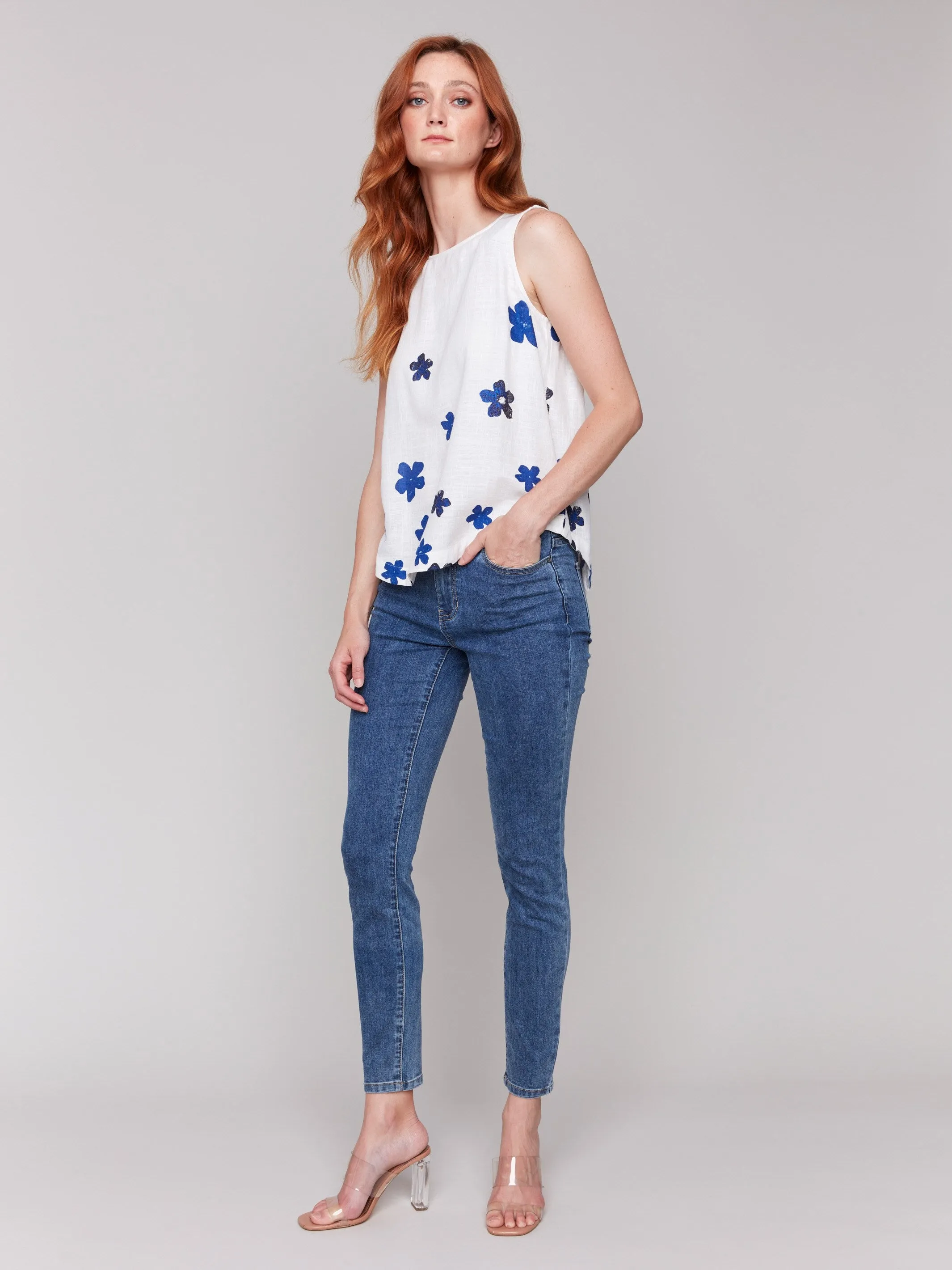 Floral Print Sleeveless Top with Rounded Hem - Coastal
