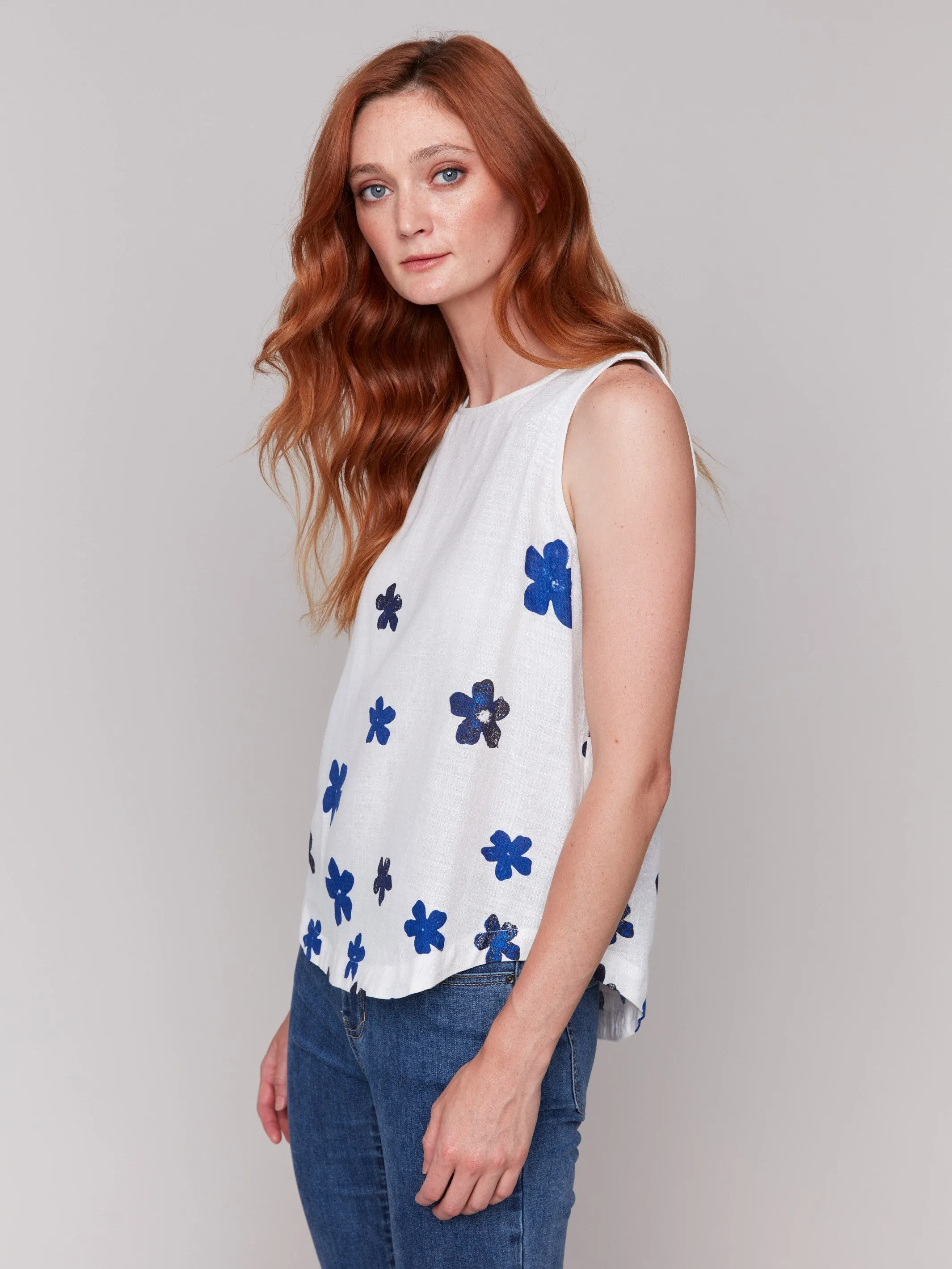 Floral Print Sleeveless Top with Rounded Hem - Coastal