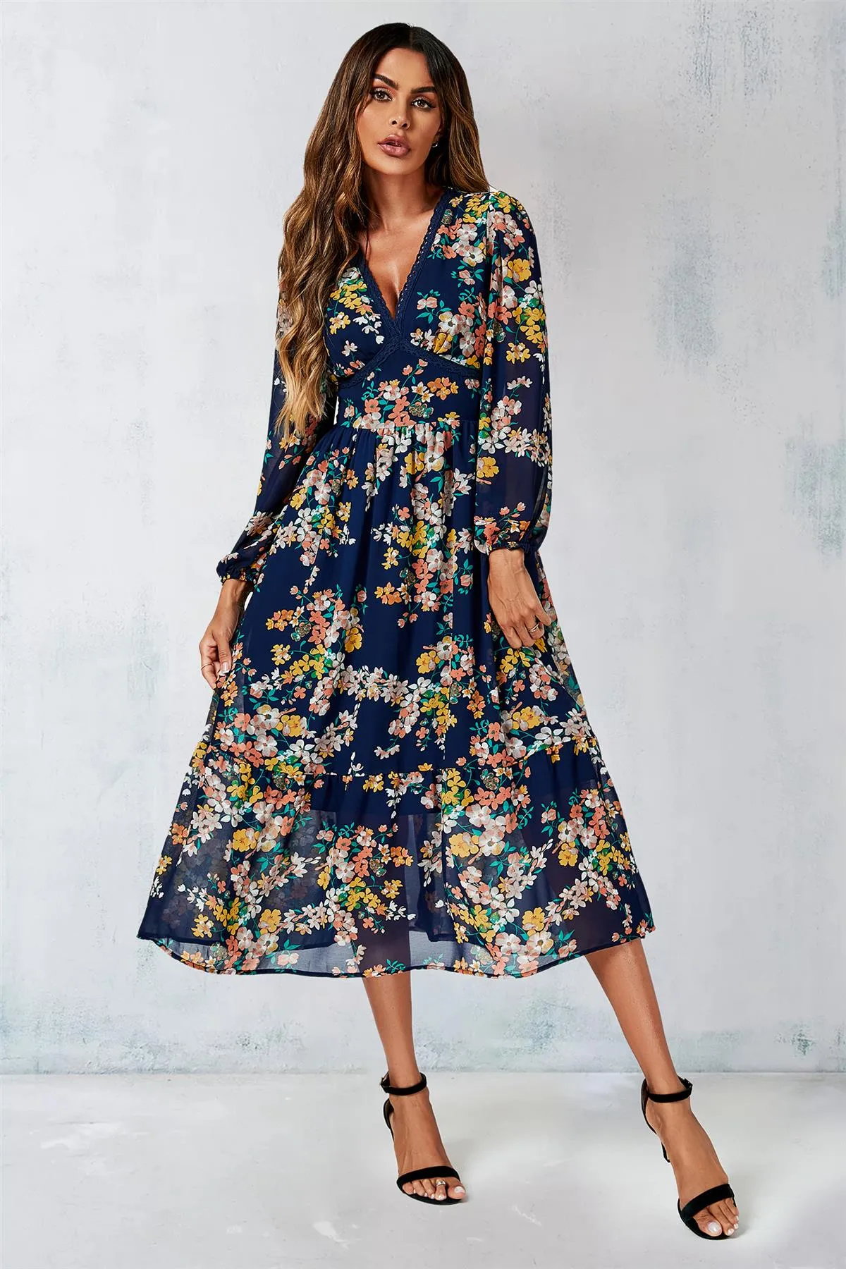 FS Collection Floral Print Long Sleeve Maxi Dress In Navy
