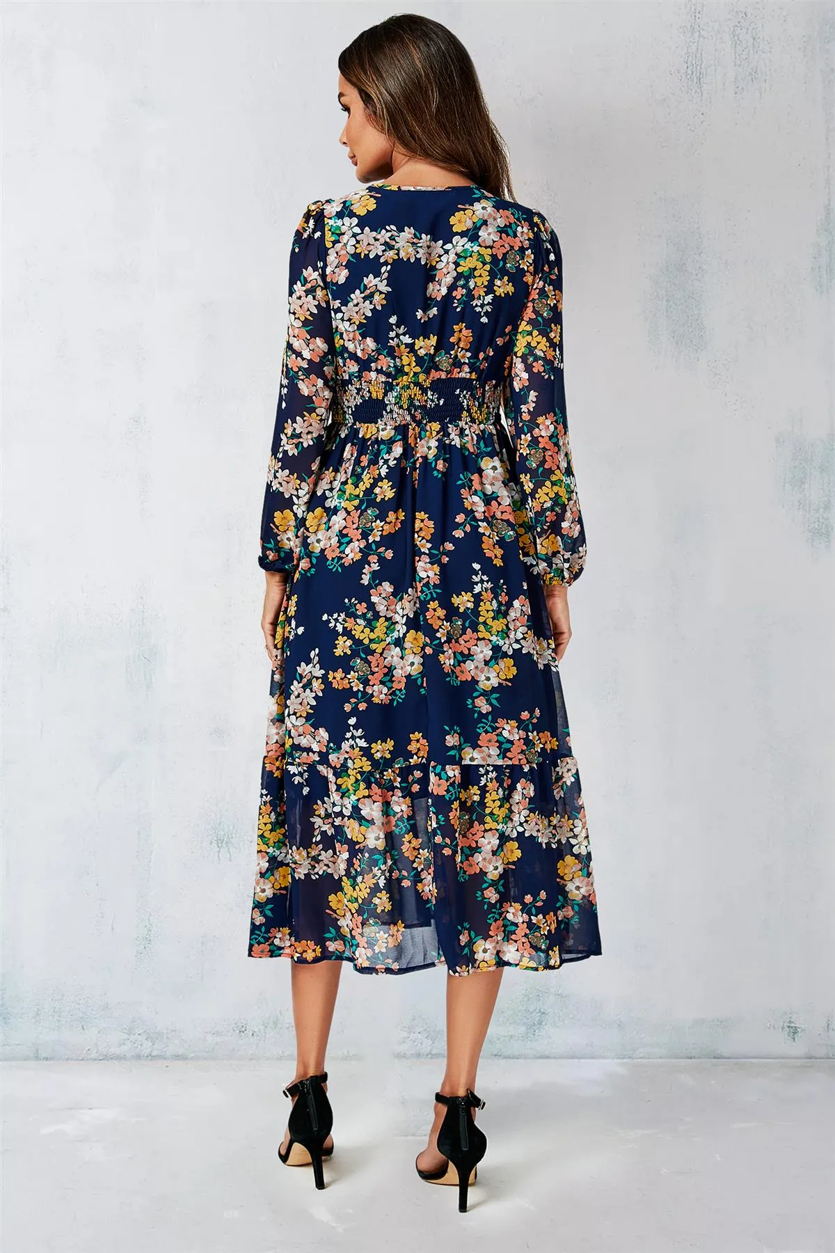 FS Collection Floral Print Long Sleeve Maxi Dress In Navy